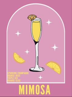 a pink poster with an image of a champagne glass and lemon wedges on it