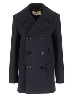 Double-breasted pea coat in double wool crepe with classic welt pockets with flap Versace Designer, Wool Crepe, Feminine Chic, French Chic, Pea Coat, Shirt Skirt, French Fashion, Yoga Wear, Shirt Accessories