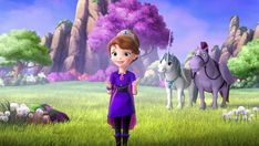 an animated character standing in the middle of a field with two horses behind her,