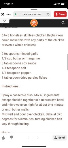 an iphone screen showing the instructions for cooking chicken in ovens, and how to use it