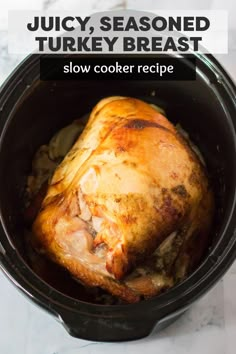 the slow cooker is filled with juicy, seasoned turkey and has been cooked in an instant pressure cooker