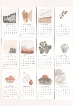 a calendar with watercolors and plants on it's side, in different colors