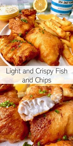 fish and chips on a white plate with lemon wedges next to the same dish