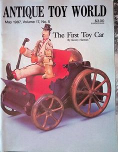 an antique toy world magazine cover with a man in a car