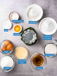 the ingredients to make an orange cake are shown in small bowls on a gray surface