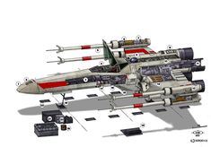 an artist's rendering of a fighter jet with parts labeled in red and white