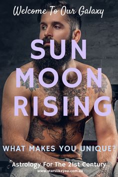 a man with tattoos on his chest sitting in front of the sun moon rising poster