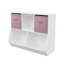 a white shelf with three pink bins on it