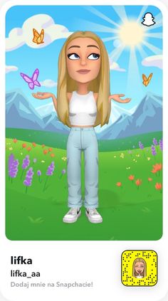 a girl with long blonde hair standing in front of a field and butterflies on the sky