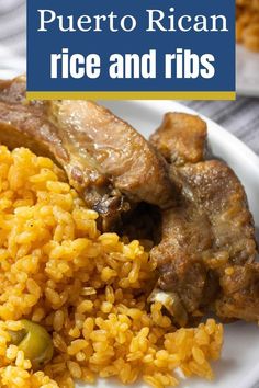 a plate with rice and ribs. Puerto Rican Short Ribs, Puerto Rican Pork, Chicharrones Recipe, Puerto Rican Rice, Boneless Pork Ribs, Caribbean Foods, Homemade Tamales, Backyard Food