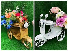 two pictures of an old fashioned scooter with flowers in it