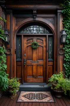 a wooden front door surrounded by greenery and potted plants