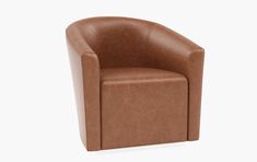 a brown leather chair sitting on top of a white floor