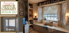 an office library window seat with pillows on it