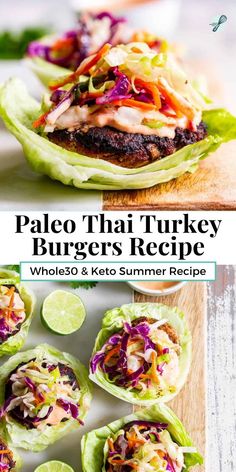 two pictures with different types of food in them and the title reads paleo thai turkey burgers recipe