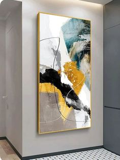 an abstract painting hangs on the wall next to a white and gray tiled flooring