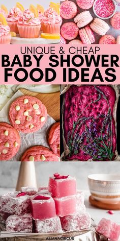 baby shower food ideas including cupcakes, cookies and other desserts with text overlay reading unique & cheap baby shower food ideas