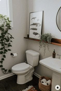 a white toilet sitting next to a sink in a bathroom under a framed fish print