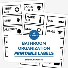 printable bathroom organizing labels with icons Laundry Room Organizing, Playroom Organizing, Kitchen Pantry Labels, Garage Organizing, Bathroom Organizing, Medicine Cabinet Organization, Labels Clothing, Spice Jar Labels, Holiday Organization