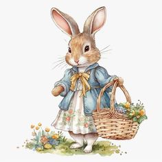 a watercolor painting of a rabbit holding a basket