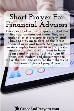 a tablet with the text short prayer for financial advisors on it and an image of