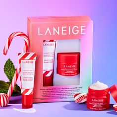 A limited edition duo set featuring the NEW full size Lip Glowy Balm in Candy Cane and a mini Lip Sleeping Mask in Peppermint. Sephora Sets 2024, Sephora Holiday Set 2024, Laneige Lip Mask Candy Cane, Laneige Lip Set, Makeup Trendy Products, Good Gifts For Christmas, Sephora Christmas Gift Sets, Preppy Stuff For Christmas List, Candy Cane Laneige