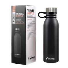 a black travel bottle next to a cardboard box