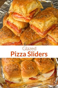 several different types of pizza sliders stacked on top of each other in tin foil