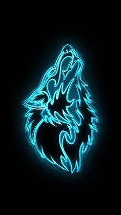 a neon blue wolf head on a black background