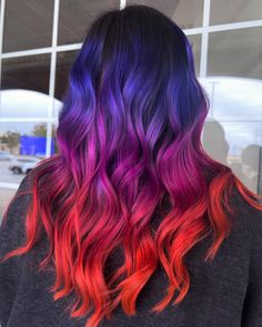 Red Blue And Purple Hair, Red Hair With Blue Tips, Blue To Red Hair, Purple And Red Hair Ombre, Blue Hair Balayage, Blue Tips Hair, Blue And Red Hair, Two Color Hair