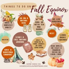 the things to do on fall equines poster with autumn leaves, pumpkins and books