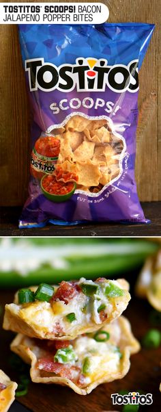 two bags of chips sitting on top of a wooden table