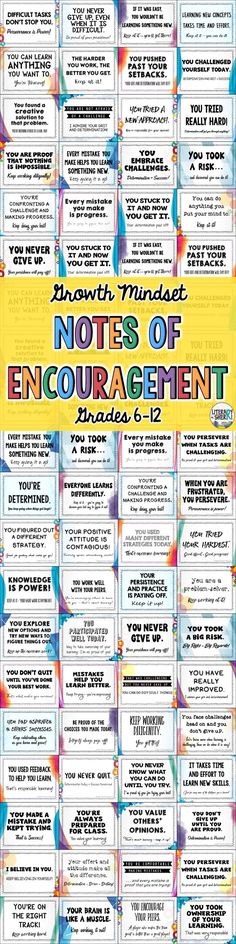 a poster with the words notes of encouragement in different colors and sizes