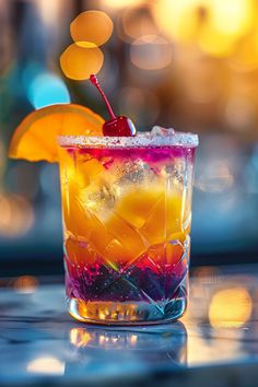 a colorful drink with an umbrella on the top is sitting on a table in front of some blurry lights