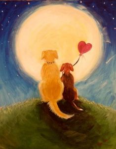 a painting of two dogs sitting on top of a hill with a heart shaped balloon