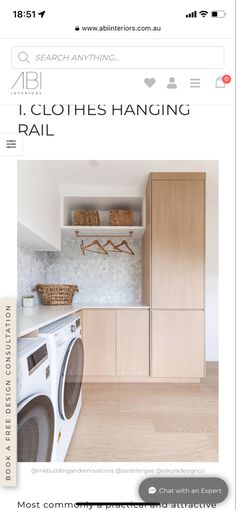 an image of a laundry room with clothes hanging on the wall and a washing machine in front of it