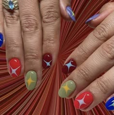 60s Themed Nails, Pill Nails, Mismatched Nails Color Schemes, Funfetti Nails, Funky Manicure, Clowncore Nails, Masc Nails Ideas, Short Hippie Nails, Funky Nails Short