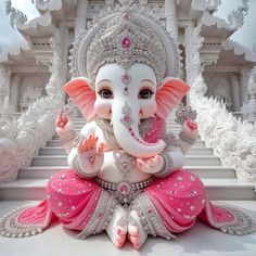 an elephant statue sitting on top of a white floor in front of a building with stairs