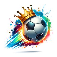 a soccer ball with a golden crown on it's head and splashing paint