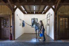 two women are washing a horse in an indoor stable with wooden doors and wood paneling on the walls