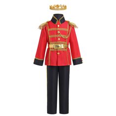 a red uniform with gold trims and a crown on top