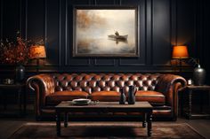 a living room with leather couches and a painting hanging on the wall above it