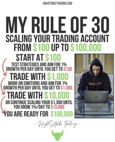 a man sitting in front of a laptop computer on top of a table with the words my rules of 30 scaling your trading account from $ 100 to $ 10 to $ 10, 000