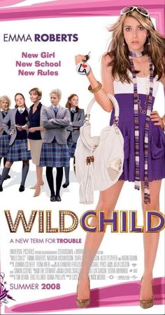 a movie poster for wild child with a woman in purple dress and other people behind her