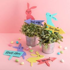 some plants and easter decorations on a pink background with bunny signs in the corner,