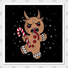 a cartoon character holding a candy cane in his hand and wearing horns on it's head