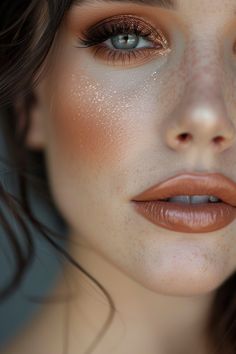 Wedding Makeup Terracotta, Bronze Makeup Green Eyes, Earthy Tones Makeup, Copper Makeup Look Brown Eyes, Shimmer Bridal Makeup, Makeup Look Green Eyes, Autumn Bridal Makeup, Terracotta Lip, Copper Eyeshadow Looks