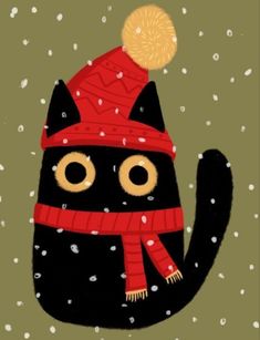 a black cat wearing a red hat and scarf with snow falling on it's ground