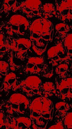 a lot of skulls that are red and black