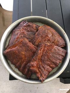 some meat is in a bowl on a table